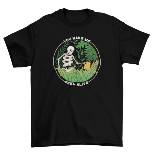 Skeleton watering plants t-shirt