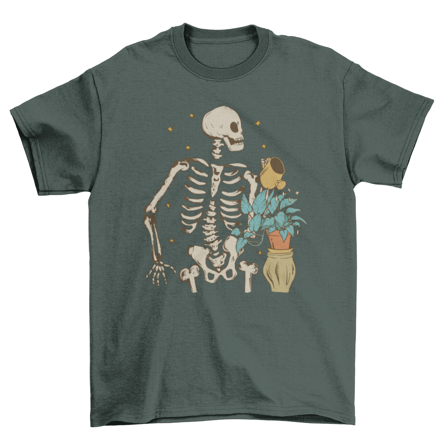 Skeleton watering plant t-shirt