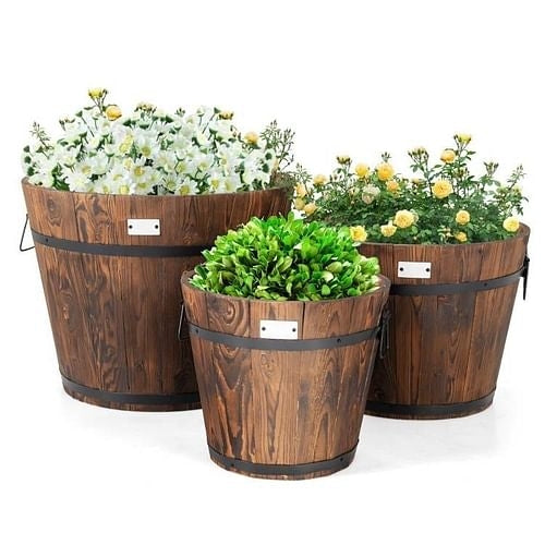 Set of 3 Outdoor Wooden Barrel Planter Pots with Handles 11.5, 15, and