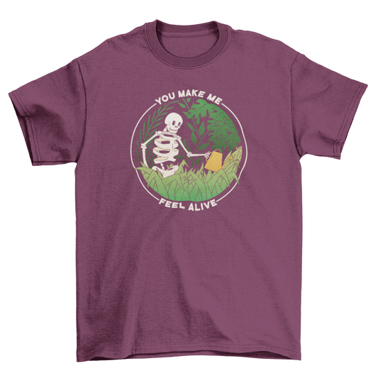 Skeleton watering plants t-shirt
