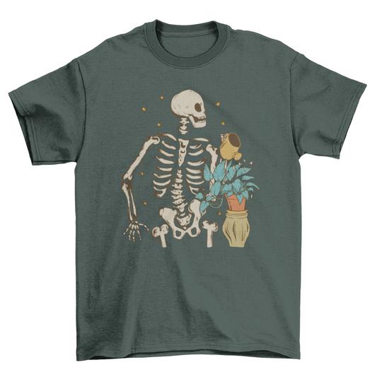 Skeleton watering plant t-shirt